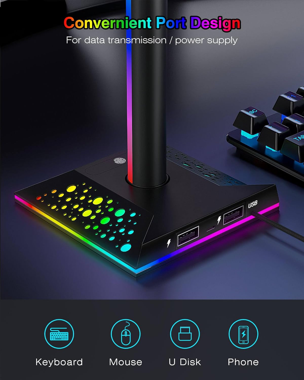 LED Gaming Headset Stand with Dual USB Charger