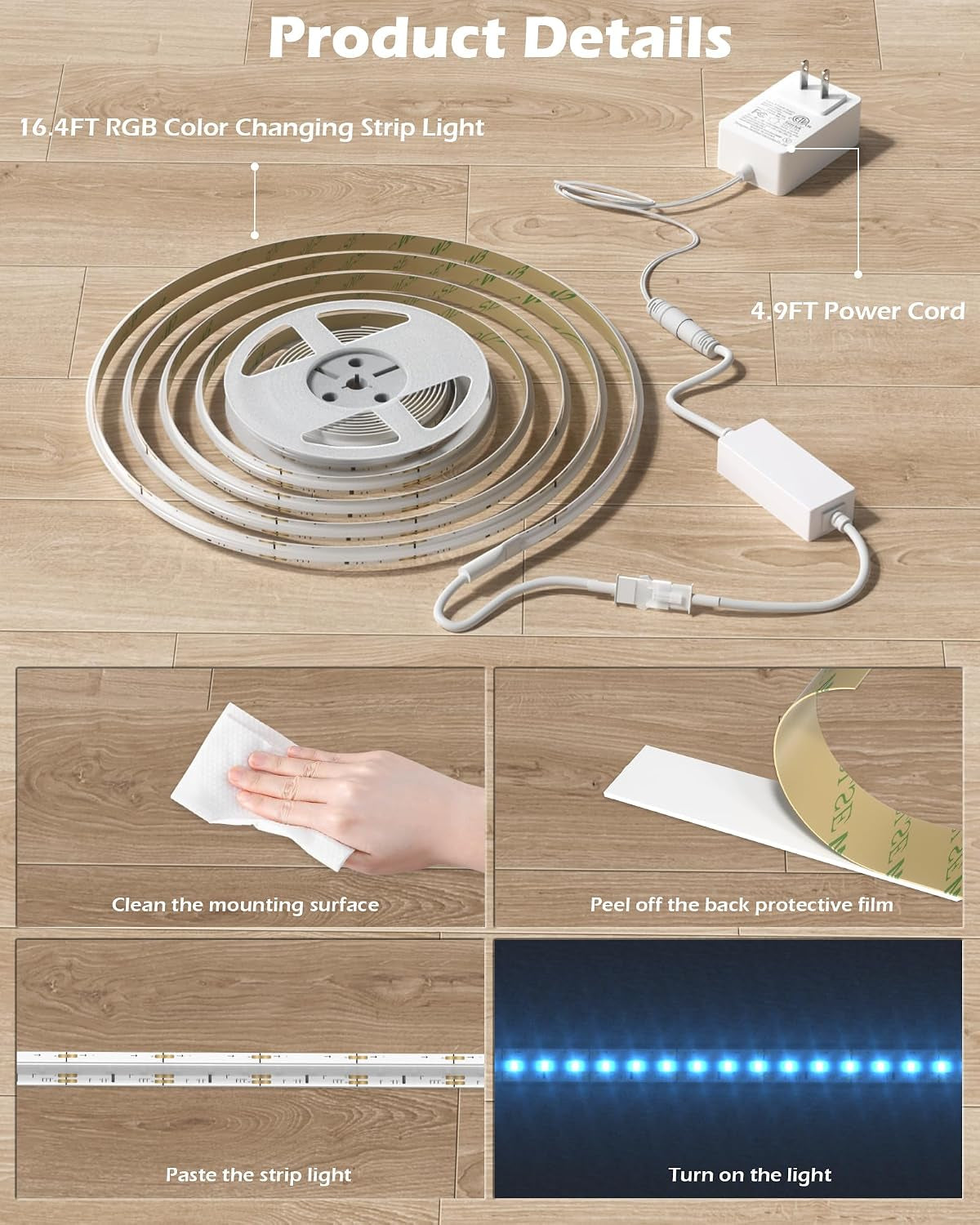 COB LED Strip Light with Music Sync & Remote