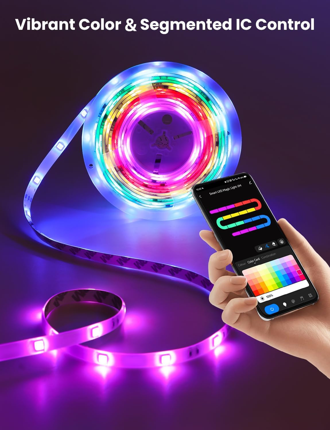 RGB LED Strip Light with Bluetooth App Control, 32.8Ft