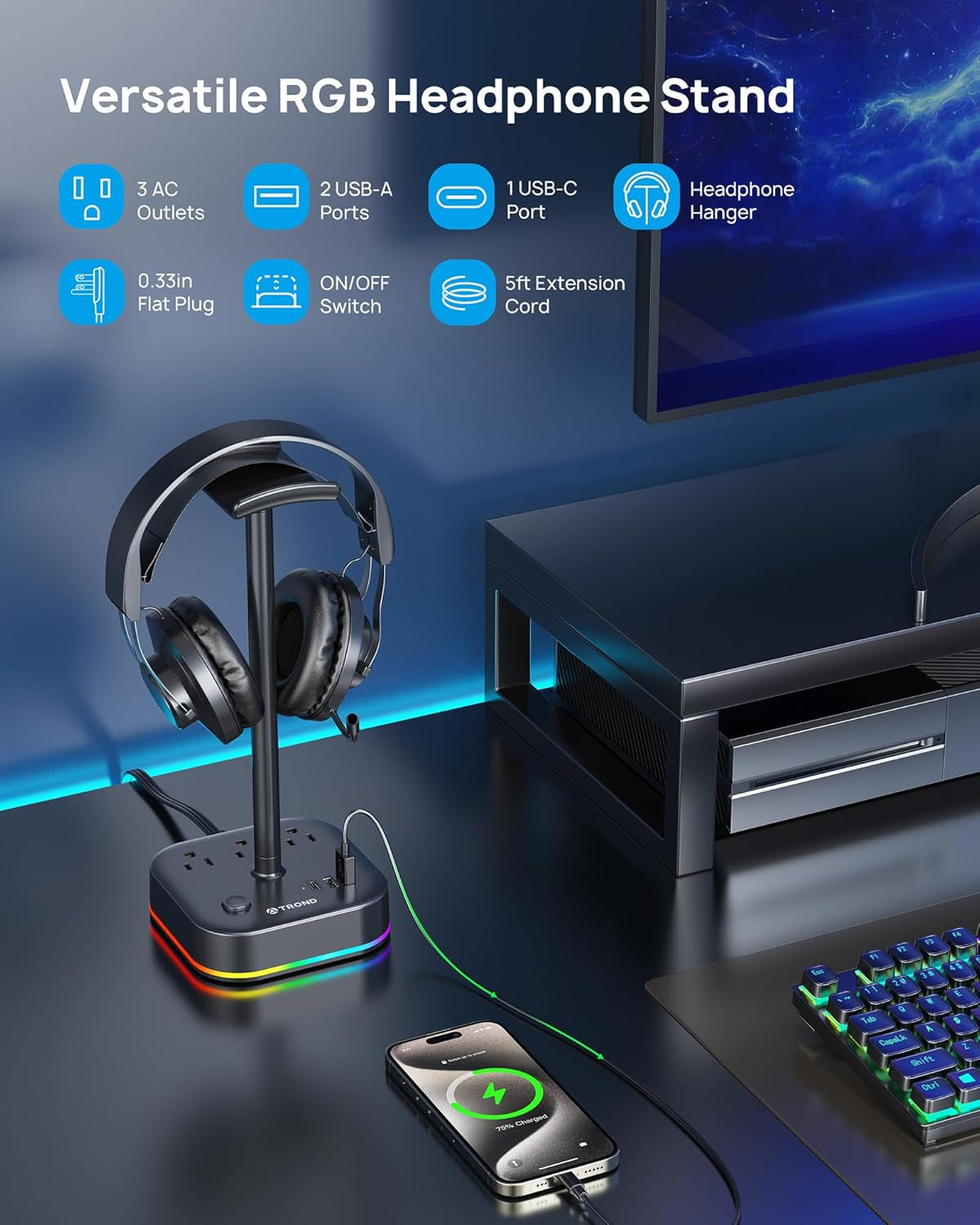 Gaming Headset Stand with USB-C & AC Outlets