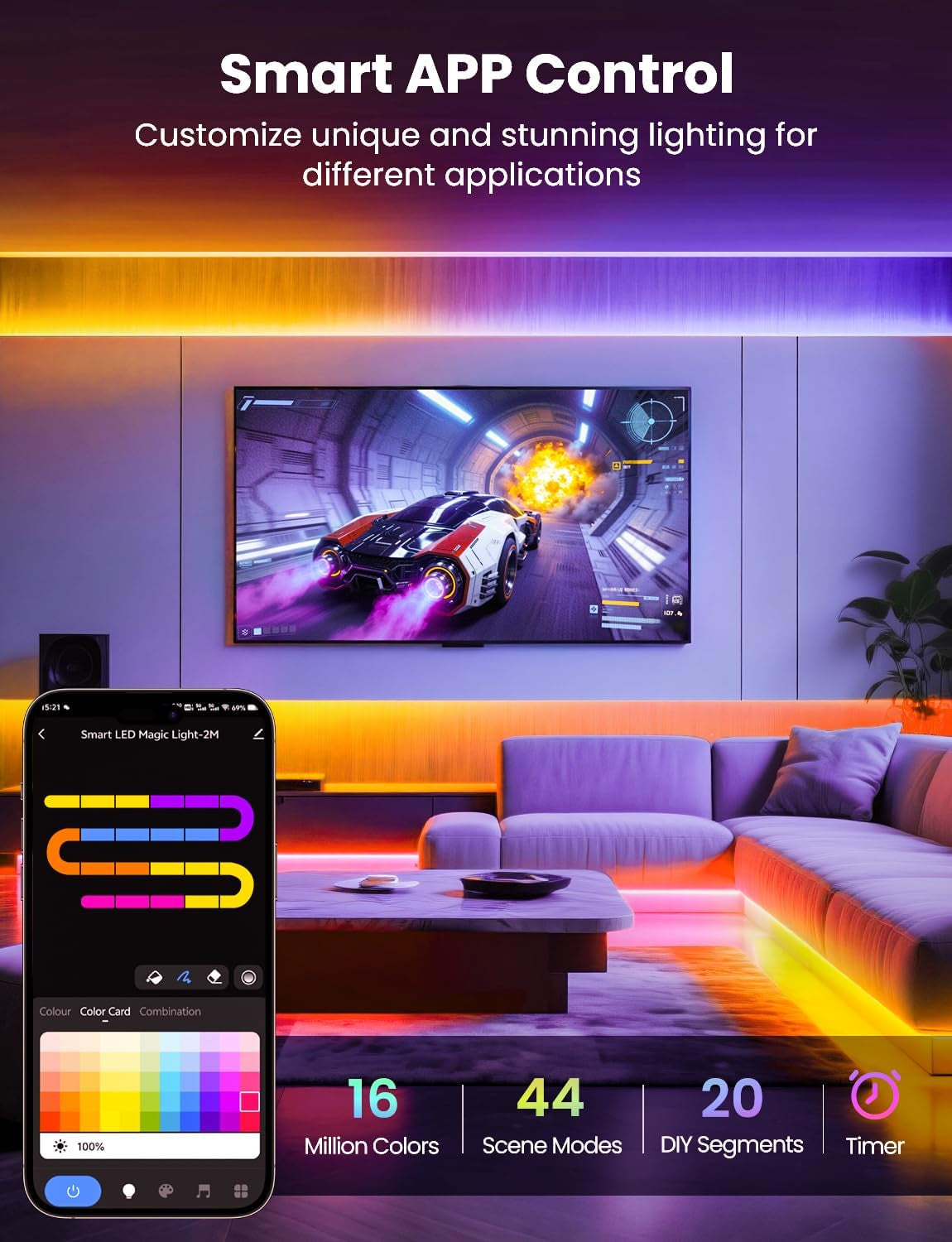 RGB LED Strip Light with Bluetooth App Control, 32.8Ft