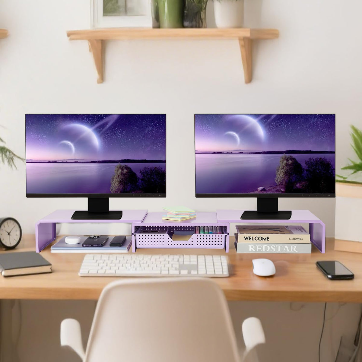 Dual Monitor Stand Riser with Storage Drawer