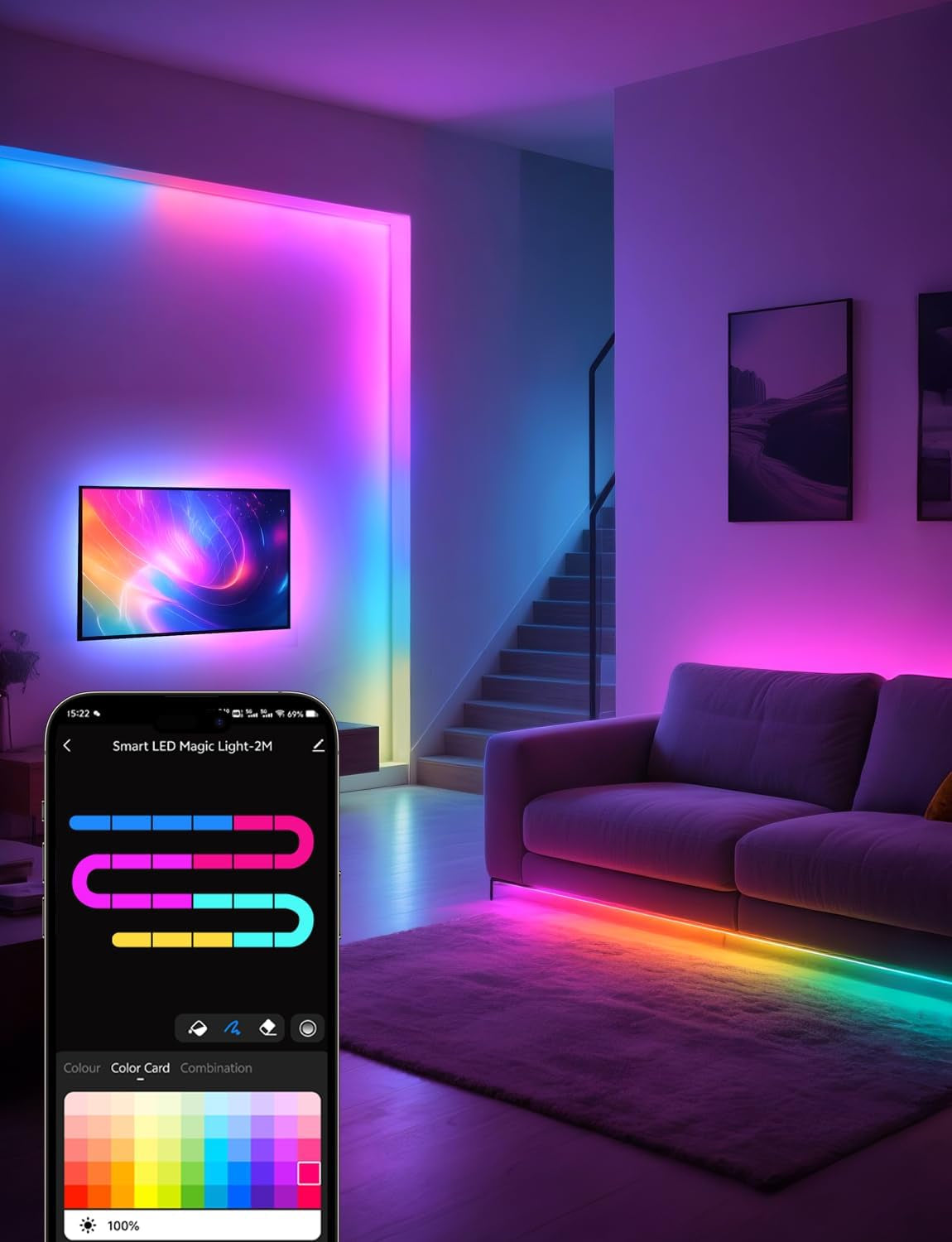 RGB LED Strip Light with Bluetooth App Control, 32.8Ft