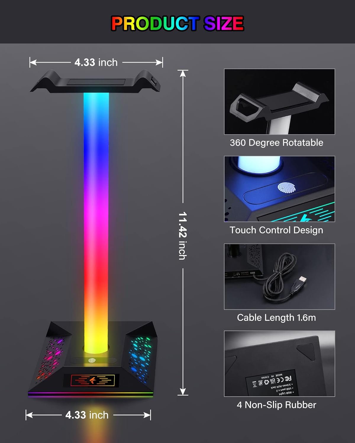 LED Gaming Headset Stand with Dual USB Charger