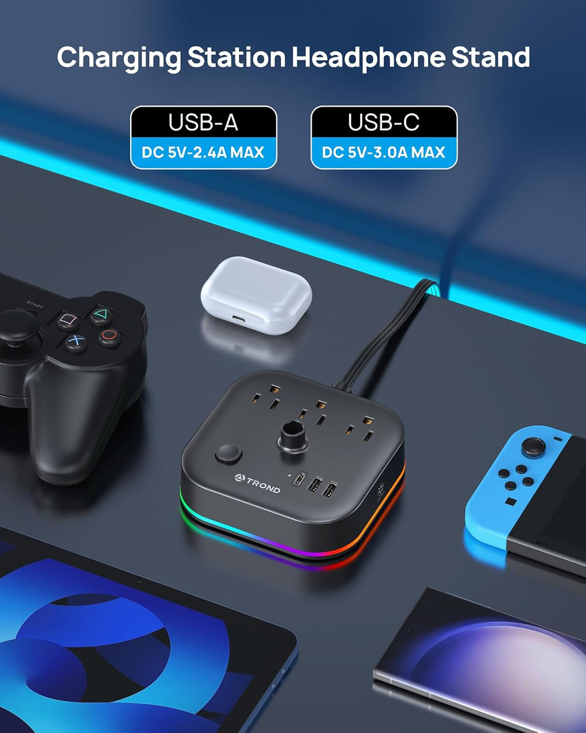 Gaming Headset Stand with USB-C & AC Outlets